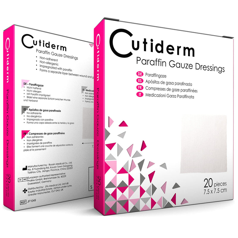 Pack of 20 Cutiderm Sterile Paraffin Gauze Dressing 7.5cm x 7.5cm - Suitable for Superficial and Partial Thickness Burns, Skin Loss Wounds, abrasions and Traumatic Injuries 7.5cm x 7.5cm (Pack of 20) - BeesActive Australia