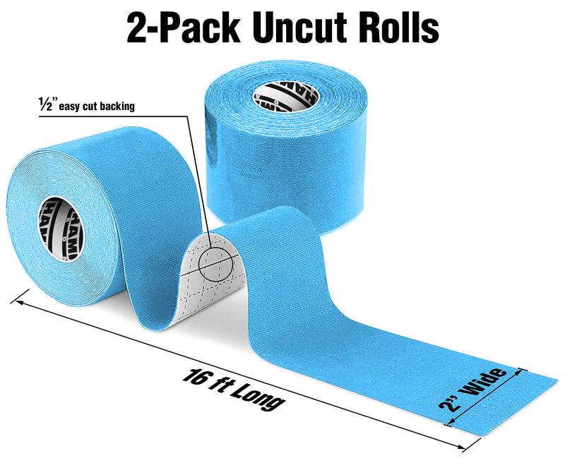 (2 Pack) Kinesiology Tape for Physical Therapy Sports Athletes – Latex Free Elastic, 16ft Water Resistant Kinetic Uncut Kinesiology Tape for Knee Pain, Elbow & Shoulder Muscle - Sky Blue 2 Count (Pack of 1) - BeesActive Australia