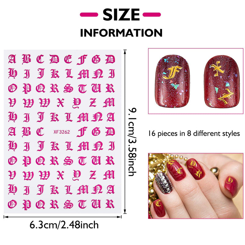 32 Sheets Holographic Letter Nail Art Sticker Old English Alphabet Nail Art Sticker Gummed Adhesive Letter Nail Decal for Women Girls Salon Home DIY Nail Decoration, 8 Styles - BeesActive Australia