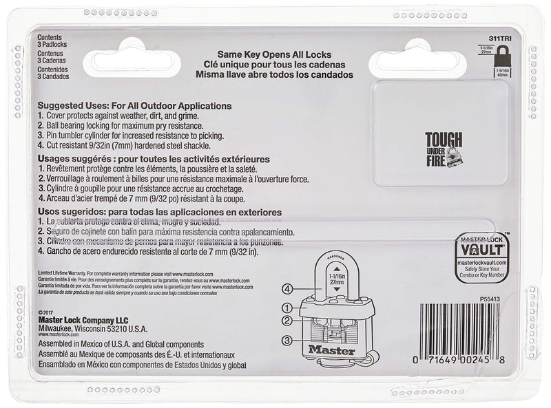 Master Lock 311TRI Keyed Alike Laminated Steel Padlock , 3-Pack , Black 3 Pack - BeesActive Australia