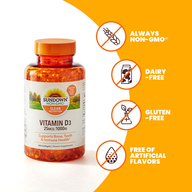 Sundown Vitamin D3 for Immune Support, Non-GMO, Dairy-Free, Gluten-Free, No Artificial Flavors, 25mcg 1000IU Softgels, 400 Count 400 Count (Pack of 1) - BeesActive Australia