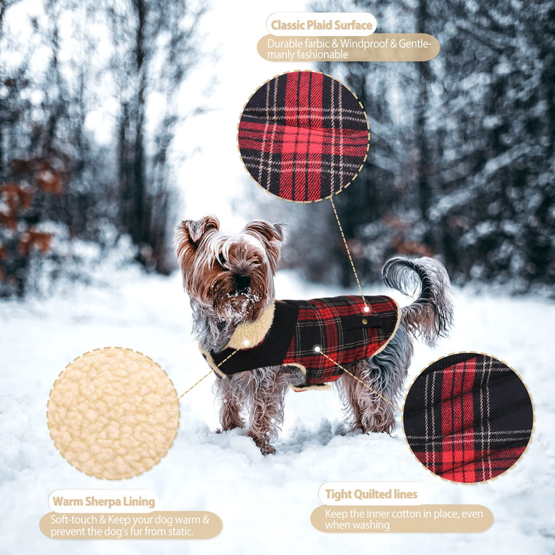 Preferhouse Winter Coat for Small and Medium Dogs, Puppy Plaid Jacket, Cotton Coat for Cold Weather, Windproof Warm Dog Garments, Pet Thickened Outfits Indoor Outdoor X-Small Red - BeesActive Australia