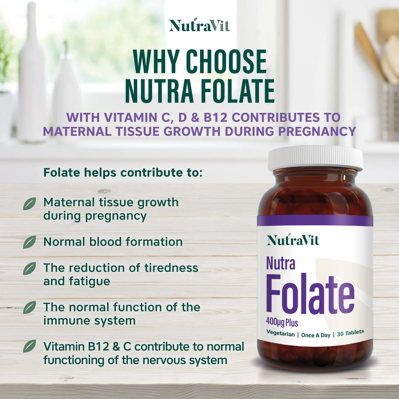 NUTRAFOLATE Plus - 400mcg Folic Acid Tablets (L-Methylfolate) | Vitamin B9-30 Tablets - Folic Acid Pregnancy & Pre-Pregnancy Vitamin - Contains Vitamins D, C and B12 - Vegetarian - NutraVit - BeesActive Australia