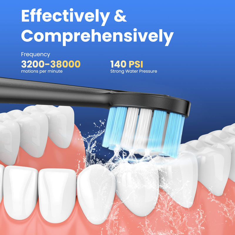 Water Dental Flosser with Electric Toothbrush, One Switch Between Tooth Brush & Water Floss, 3 in 1 Teeth Cleaning Kit with 4 Modes, Water Flosser Portable for Travel and Home (Black) Black - BeesActive Australia