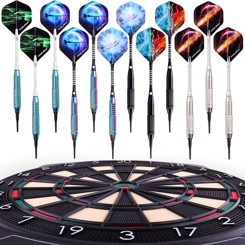 WIN.MAX Darts Plastic Tip - Soft Tip Darts Set - 12 Pcs 18 Gram with 100 Extra Dart Tips 12 Flights Flight Protectors and Wrench for Electronic Dart Board rainbow+silver+black+green - BeesActive Australia