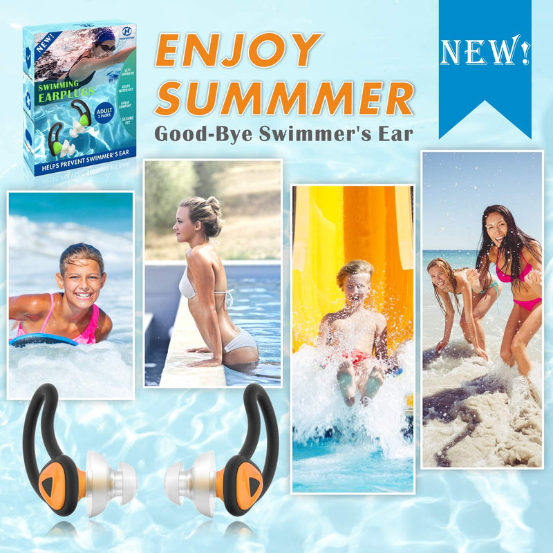 [2 Pairs] Ear Plugs for Swimming, Hearprotek Swim Ear Plugs Adults-Waterproof Silicone Water earplugs for Men Women Juniors Swimmers Pool Shower Bathing (Orange) Orange - BeesActive Australia