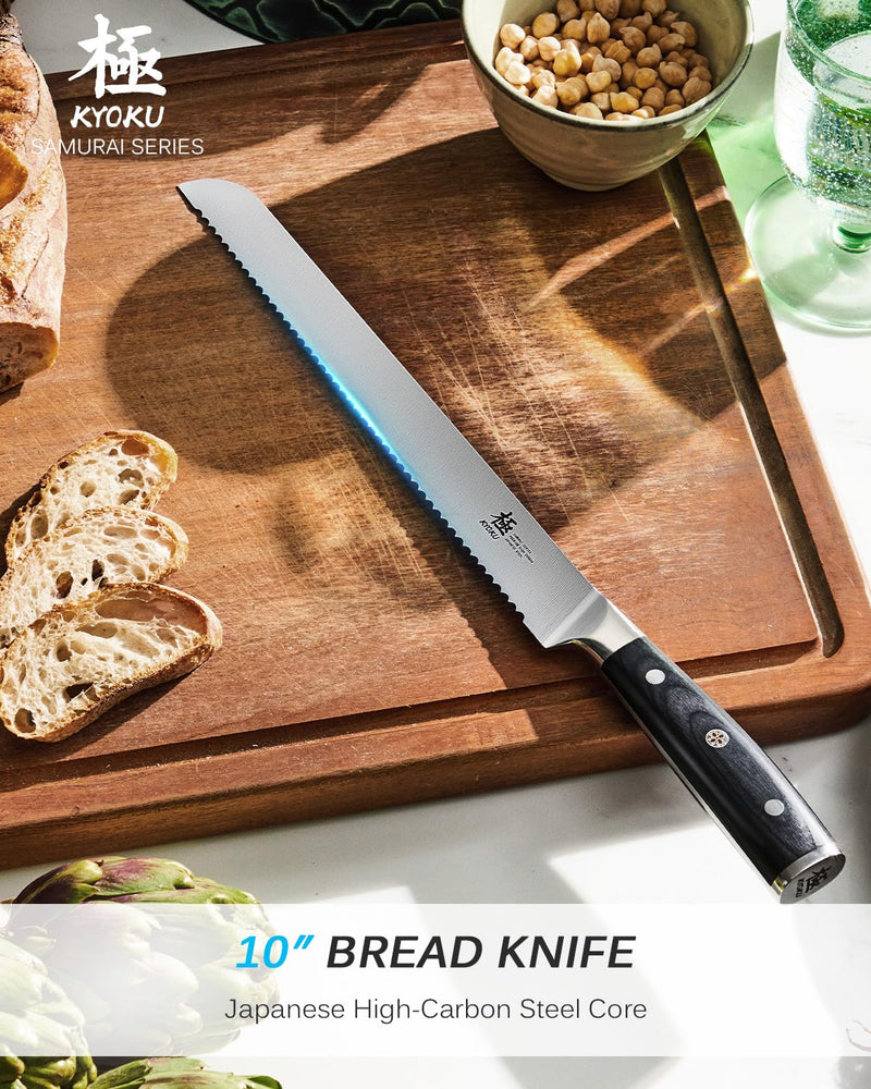KYOKU 10" Serrated Bread Knife, Samurai Series Serrated Knife for Homemade Bread Pastries with Pakkawood Handle, Japanese High Carbon Steel Cake Knife, Full Tang Bread Cutting Knife with Sheath & Case - BeesActive Australia