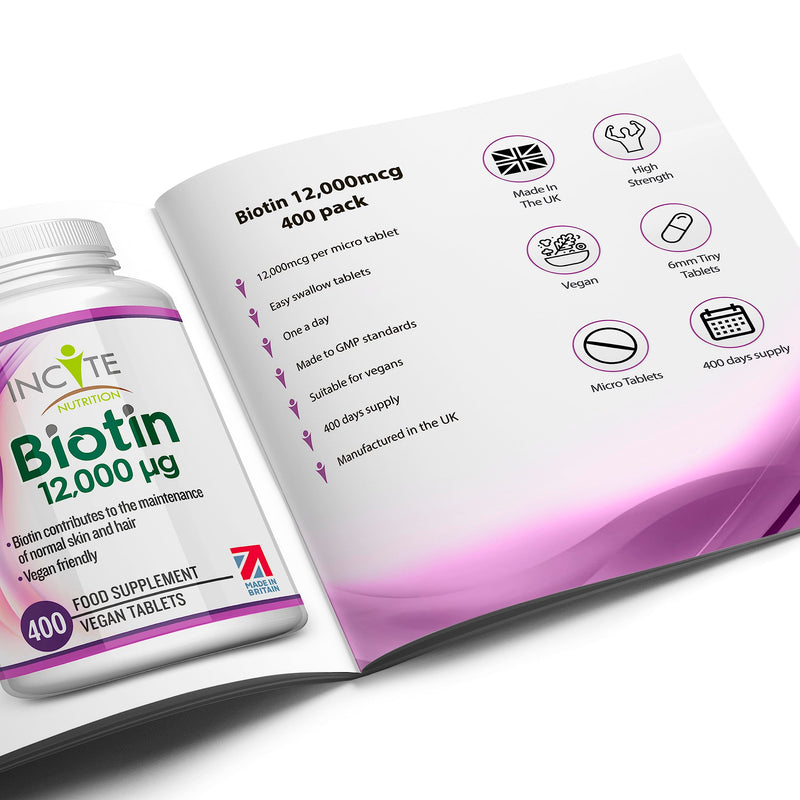 Biotin Hair Growth Supplement 12,000mcg - 400 Tiny 6mm Tablets (Full Year Plus Supply) - Biotin Hair Growth Tablets for Men & Women Biotin Tablets Hair Supplements Hair Support Made in The UK Biotin 12,000mcg - BeesActive Australia