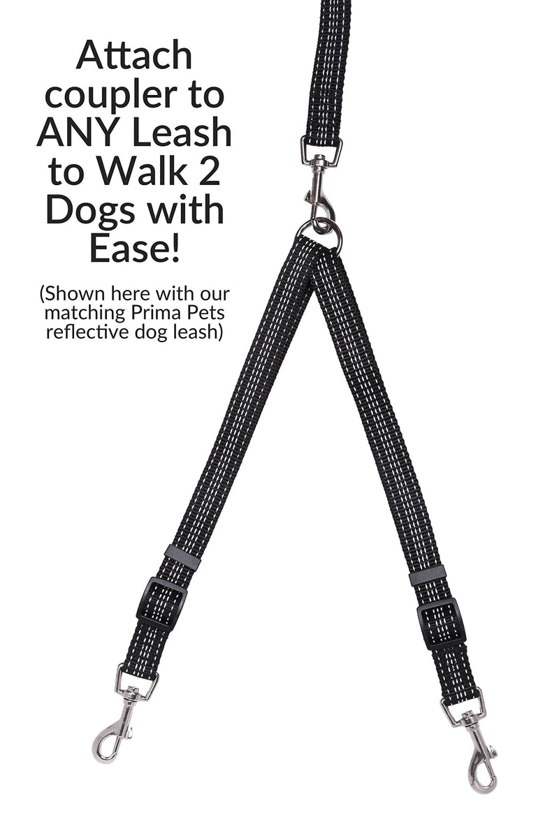 Prima Pets No Tangle Reflective Adjustable Double Dog Coupler - Each Side Adjusts 11" to 20" in Length - Walk 2 Dogs with Ease! MEDIUM - 3/4" Width BLACK - BeesActive Australia