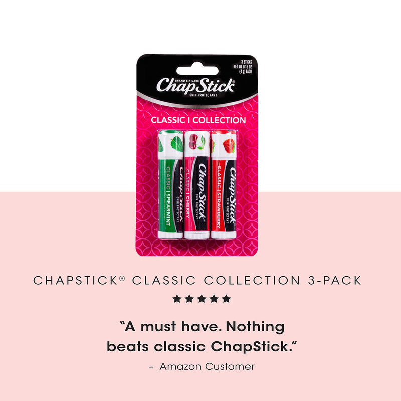 Chapstick Classic Spearmint, Cherry and Strawberry Lip Balm Tubes Variety Pack Non-tinted, Cherry/Strawberry/Spearmint, 0.15 Ounce (Pack of 3) - BeesActive Australia
