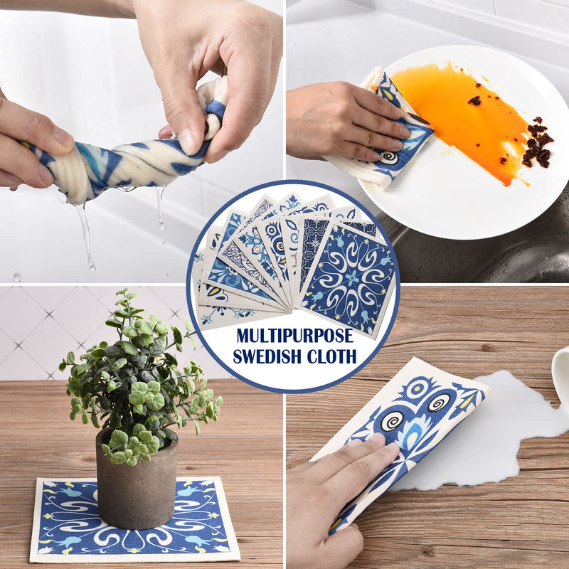WILLBOND 9 Pieces Blue Style Swedish Kitchen Dishcloths Reusable Absorbent Hand Towels Sponge Cloth for Baking Cooking Kitchen Home Decoration Housewarming Gift Blue Print - BeesActive Australia
