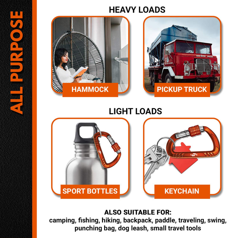RHINO Produxs 2PCS of 12kN (2697 lbs) Heavy Duty Lightweight Locking Carabiner or Auto Locking Carabiner Clips, for Securing Pets, Outdoor, Camping, Hiking, Hammock, Dog Leash Harness, Keychains, Gym Locking Full Orange - BeesActive Australia