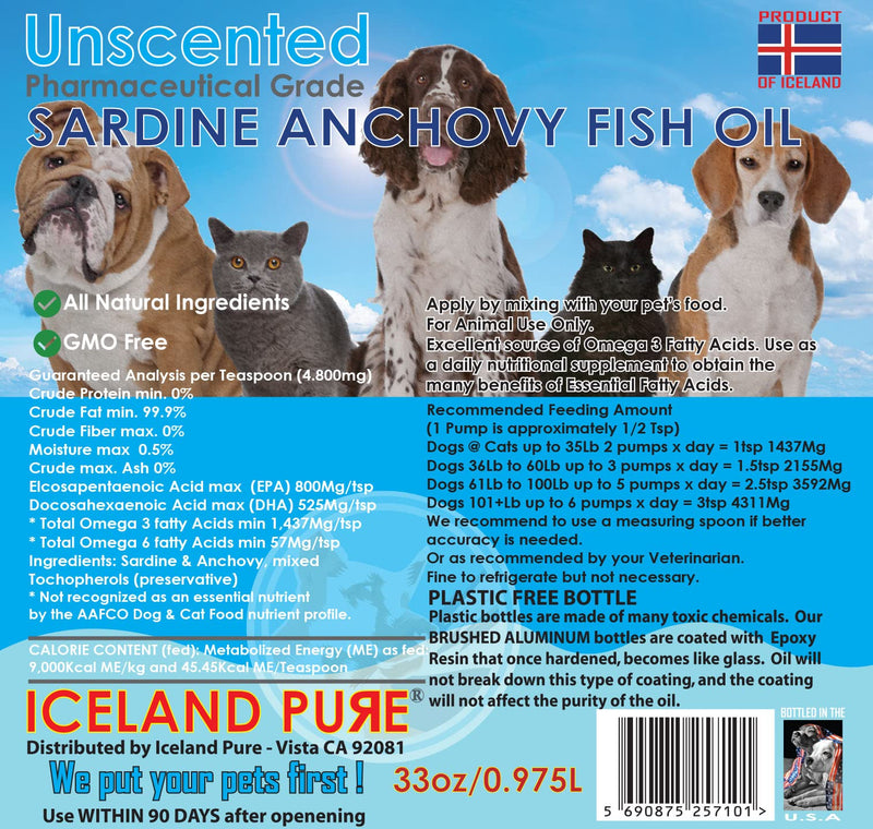 Iceland Pure Unscented Pharmaceutical Grade Sardine Anchovy Oil for Dogs and Cats.Bottle Size 33Oz 33 ounce - BeesActive Australia