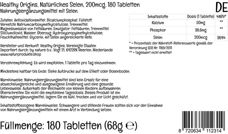 Healthy Origins, Natural Selenium, 200mcg, 180 Vegan Tablets, Lab Tested, Gluten Free, Soy Free, Vegetarian - BeesActive Australia