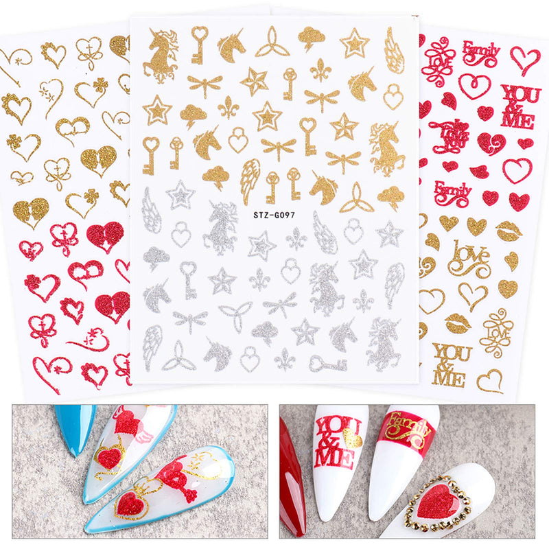 9 Sheets Fashion Matte Valentine's Day Nail Art Stickers,3D Self-Adhesive Glitter Shiny Stars Butterflies Leaves love Roses Wings Key Nail Decals For Acrylic Nail Supplies,Nail Decoration Beauty Accessories - BeesActive Australia