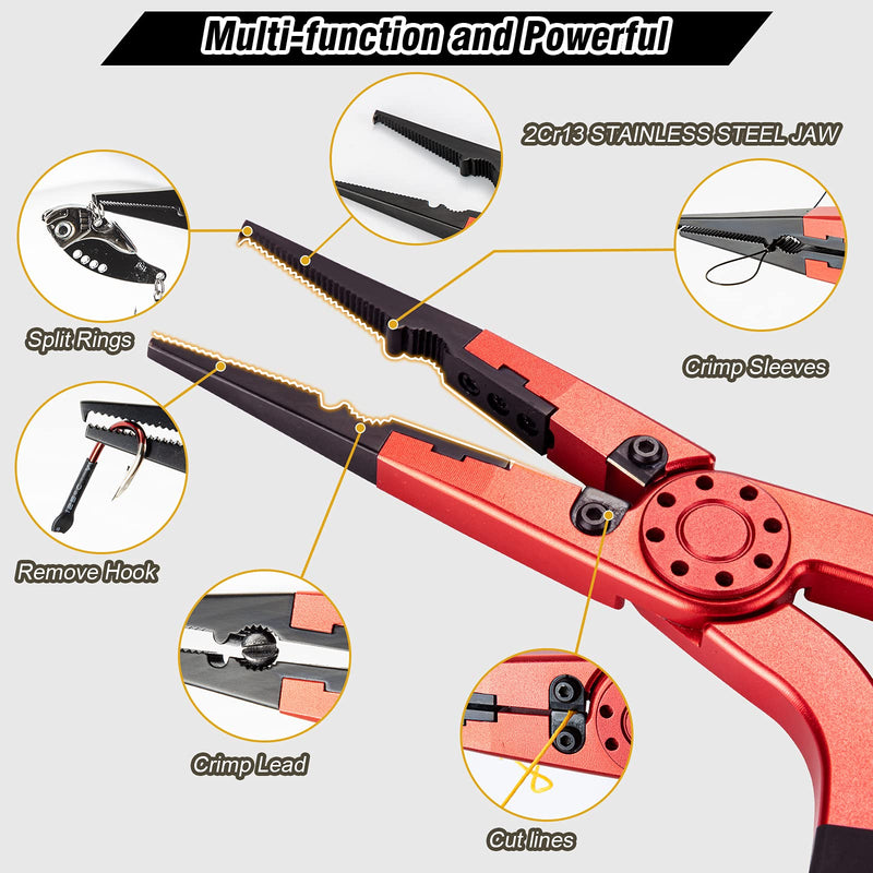 Night Cat Fishing Pliers with Sheath and Lanyard, Long Nose Jaws Braid line Cutters, Saltwater Crimper,Split Ring Openers,Hook Removers, Fishing Tools Gears Rustproof 9'' H-Shaped Handle Plier RED - BeesActive Australia