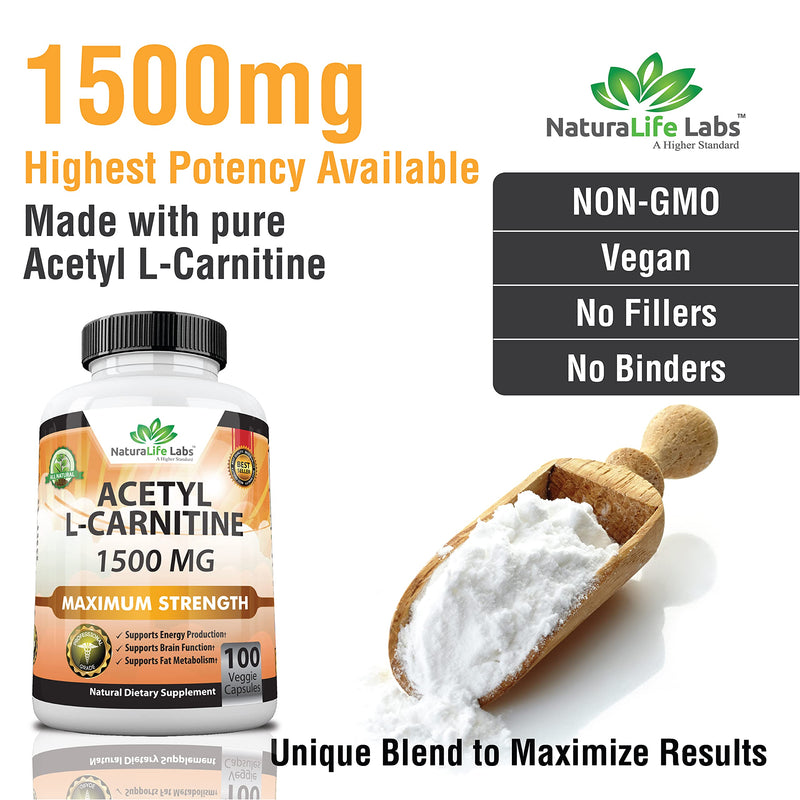 Acetyl L-Carnitine 1,500 mg High Potency Supports Natural Energy Production, Sports Nutrition, Supports Memory/Focus - 100 Veggie Capsules - BeesActive Australia