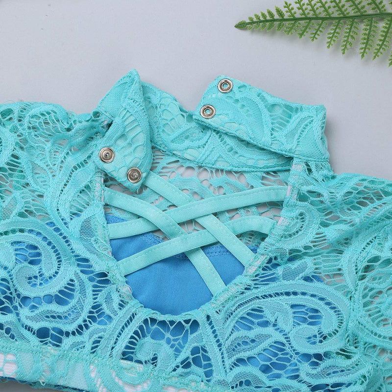 [AUSTRALIA] - ranrann Kids Girls Long Sleeves Lace Ballet Dance Outfit Criss Cross Back Mock Neck Tops with Bottoms Set Mint_green&light_blu 7-8 