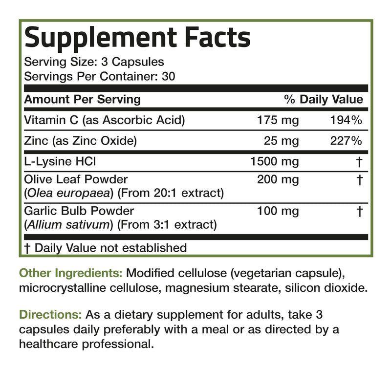 Bronson L-Lysine Defense Immune Support Complex 1500 MG L-Lysine Plus Olive Leaf, Garlic, Vitamin C and Zinc - Non-GMO, 90 Vegetarian Capsules 120 Count (Pack of 1) - BeesActive Australia