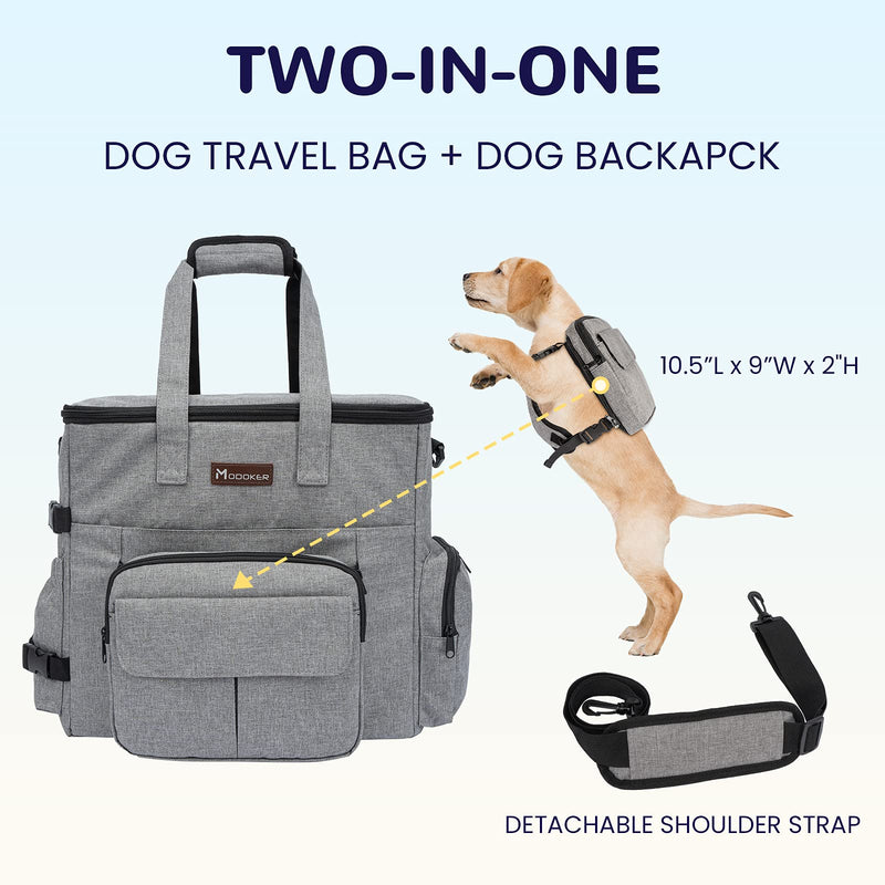 Modoker Dog Travel Bag with Dog Backpack, Airline Approved Pet Travel Bag with Shoulder Strap, 2 Collapsible Dog Bowls, 2 Travel Dog Food Container Grey - BeesActive Australia