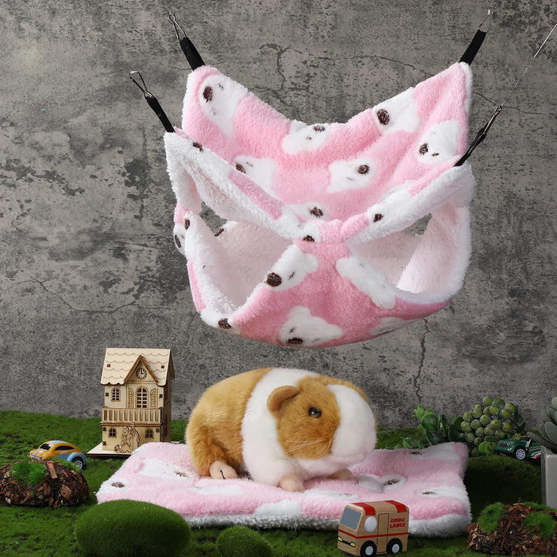 2 Pieces Guinea Pig Hammock and Mat Bed Set Soft Mat Guinea Pig Cage Accessories Hideout Tunnel Cave Thicken Fancy Bunkbed Hammock for Rat Ferret Sugar Glider Pink Bear - BeesActive Australia