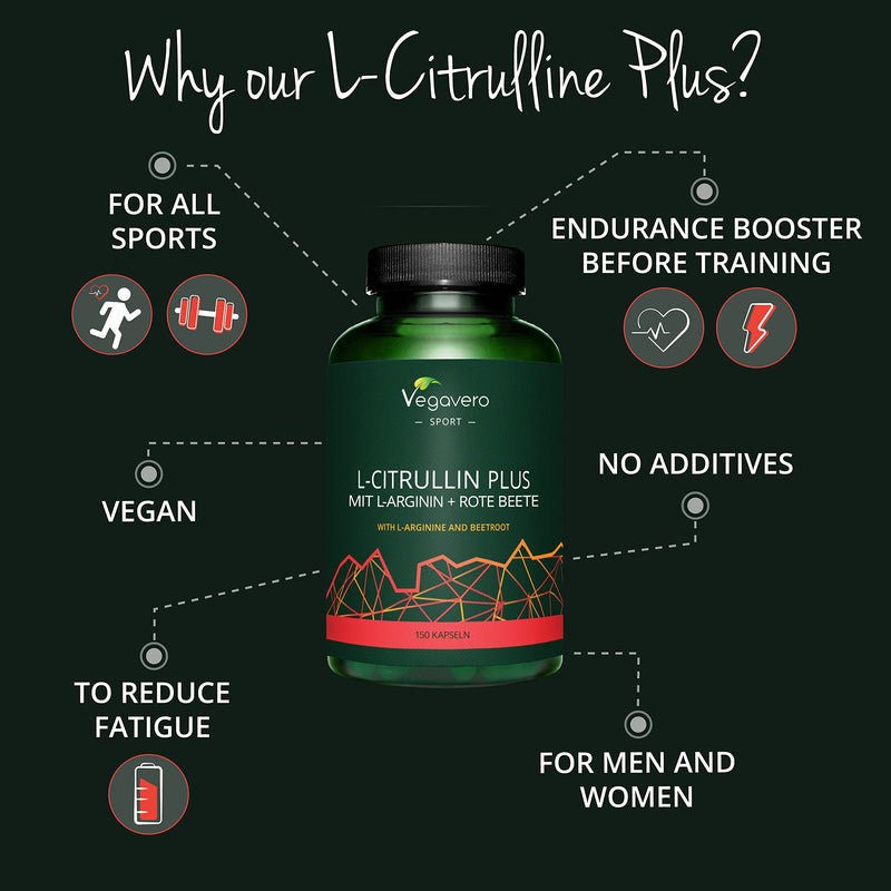 L-Arginine L-Citrulline Plus Vegavero® High Strength 2000 mg | Natural Pre-Workout | NO Additives | Citrulline Malate Powder | Amino Acids from Fermentation | Added Beetroot | 150 Vegan Capsules - BeesActive Australia