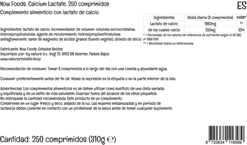Now Foods, Calcium Lactate, High Dose, 250 Tablets, Lab-Tested, Gluten Free, Vegetarian, SOYA Free, Non-GMO - BeesActive Australia