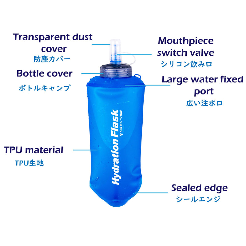 [AUSTRALIA] - Azarxis TPU Soft Flask Running Collapsible Water Bottles BPA-Free Running Flask for Hydration Pack - Ideal for Running Hiking Cycling Climbing 500ml/16.9oz - 2 Pack - Blue 