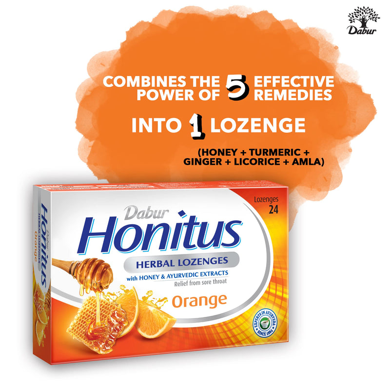 Dabur Honitus Herbal Lozenges | Effective Relief from Cough & Sore Throat Pain | Orange Flavor - 24 Lozenges - BeesActive Australia