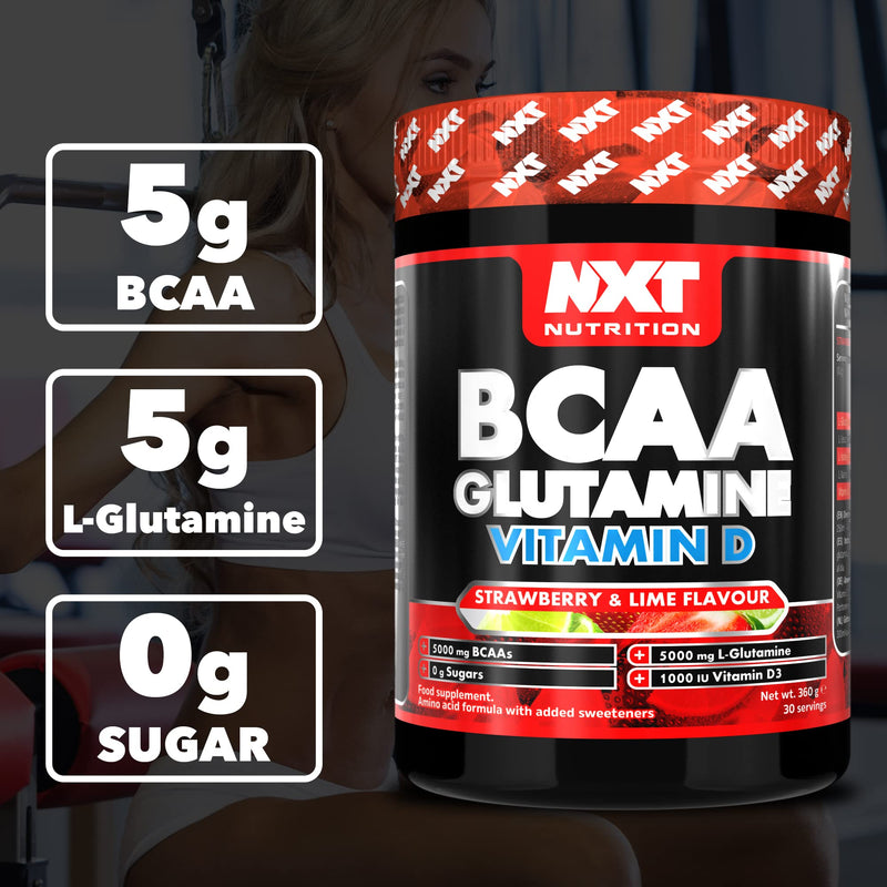 NXT Nutrition BCAA, Glutamine & Vitamin D | BCAAs Amino Acids with Vitamin D3 and L-Glutamine - for Recovery, Gut Health and Muscle Protein Synthesis | 360g - 30 Servings (Strawberry Lime) - BeesActive Australia