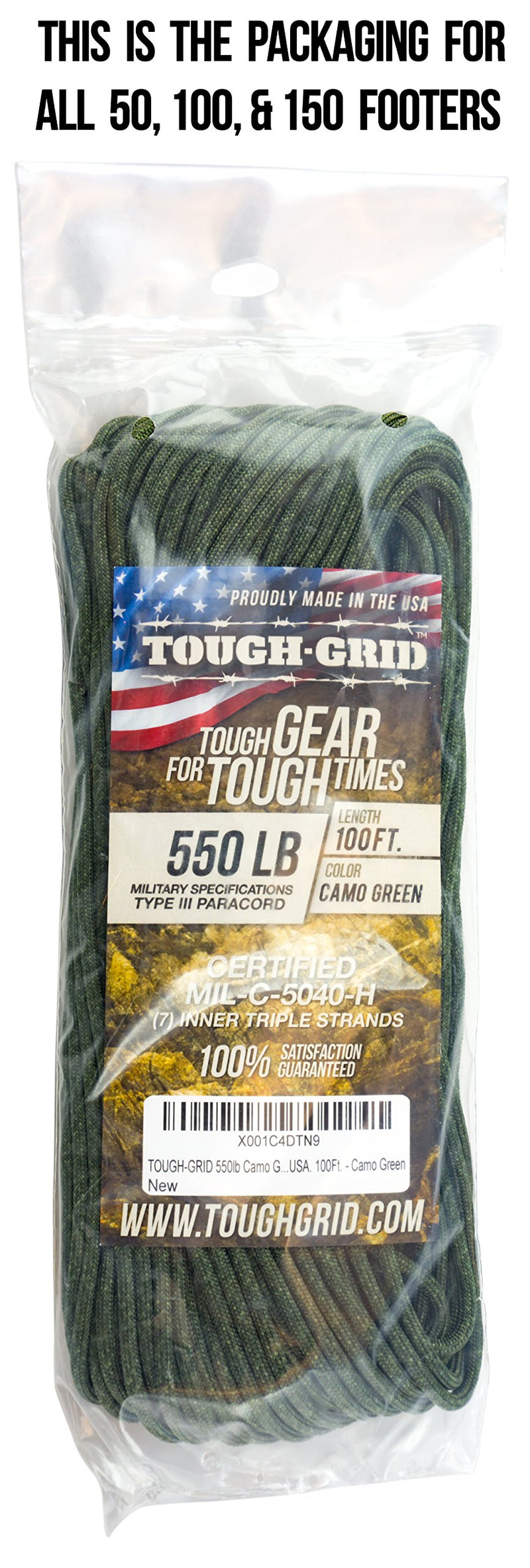 [AUSTRALIA] - TOUGH-GRID 550lb Paracord/Parachute Cord - 100% Nylon Genuine Mil-Spec Type III Paracord Used by The US Military - (MIL-C-5040-H) - Made in The USA. 100Ft. Camo Green 50Ft. (COILED IN BAG) 