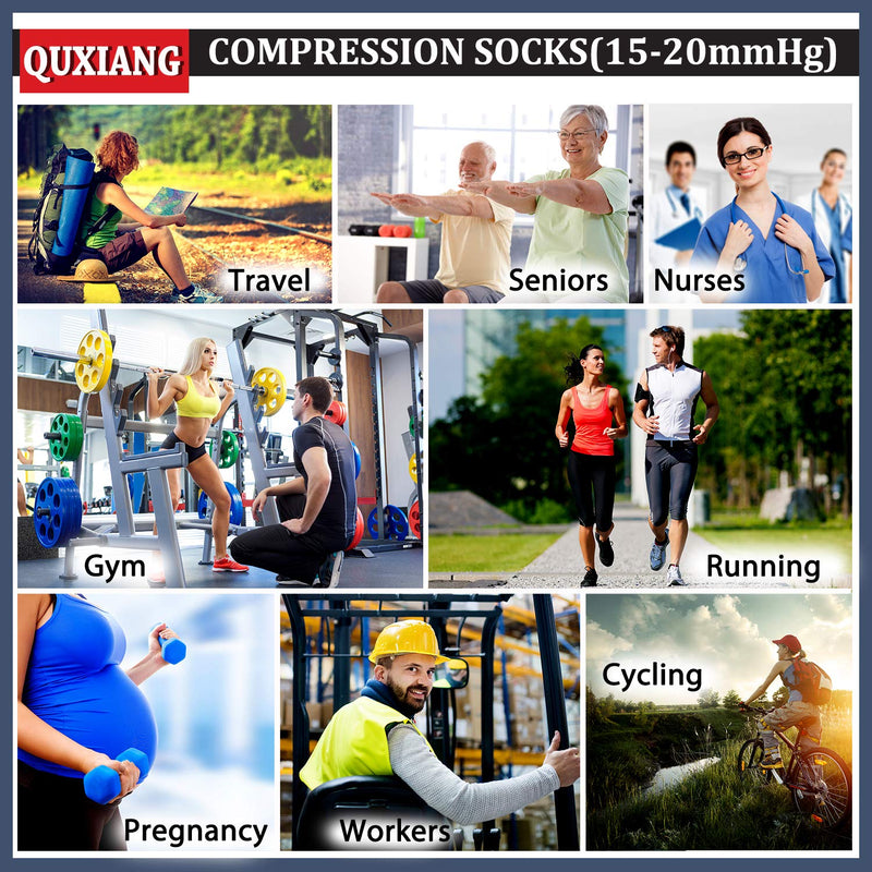 QUXIANG Copper Compression Socks (8 Pairs) for Women & Men- Best for Running, Athletic, Pregnancy and Travel - 15-20mmHg Large/X-Large (Pack of 8) Black - BeesActive Australia