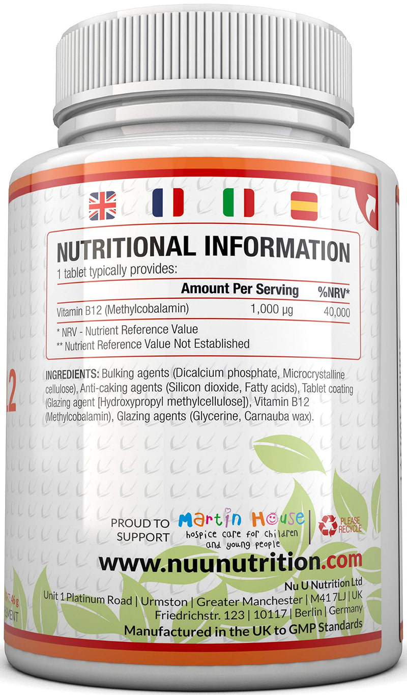 Vitamin B12 1000?g - High Strength B12 Methylcobalamin - 180 Vegetarian Tablets (6 Month Supply) - Made in The UK by Nu U Nutrition - BeesActive Australia