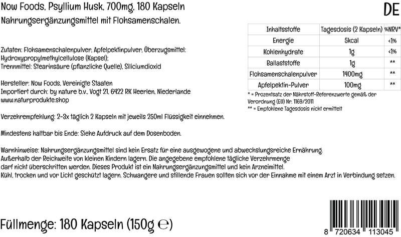 Now Foods, Psyllium Husk, 700mg, with Apple Pectin, Dietary Fibre, 180 Vegan Capsules, Lab-Tested, Gluten Free, SOYA Free, Vegetarian, Non-GMO - BeesActive Australia