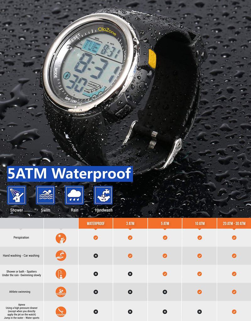 Digital Watch Men Sports Water Resistant 60 Lap 3 Alarm Stainless Steel Ring Stopwatch Dual Time Black Resin Watch Black 442 - BeesActive Australia