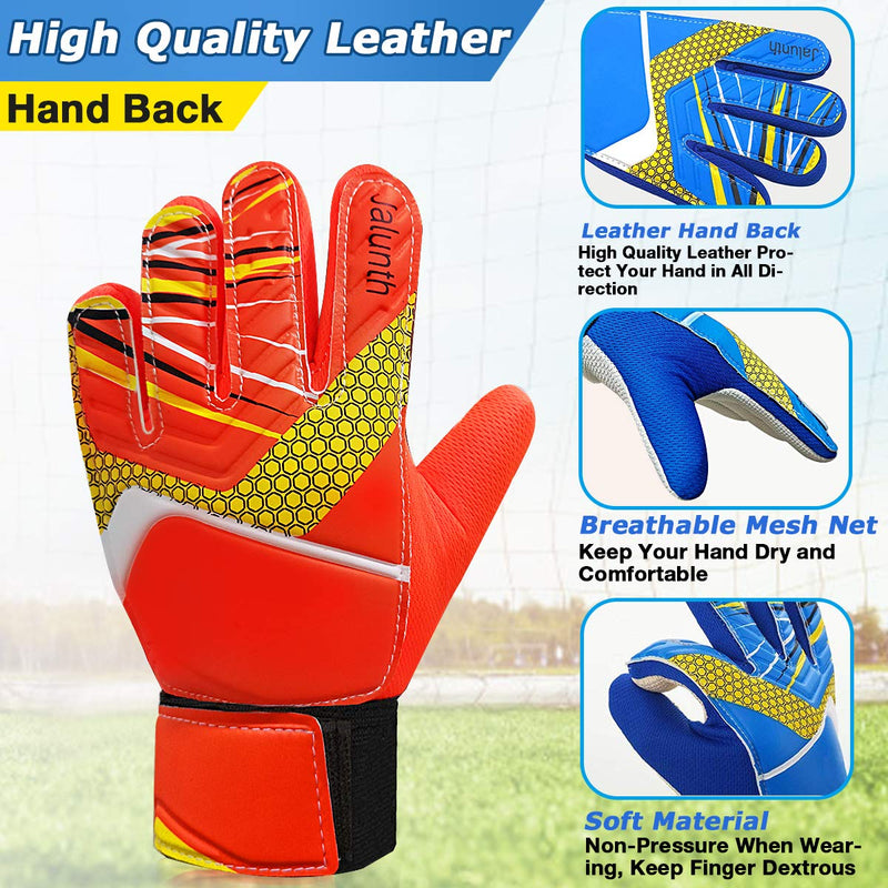 Jalunth Goalkeeper Goalie Soccer Gloves - Kids & Youth Football Goal Keeper Gloves with Embossed Anti-Slip Latex Palm and Soft PU Hand Back Orange 6 - BeesActive Australia