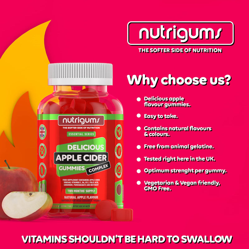 Apple Cider Vinegar Complex “with Mother” | 1050mg (per 2) x 60 Vegan Gummies | Two Month Supply | Digestive Health, Energy, Immune and Metabolism Support | Vegan Friendly by NUTRIGUMS® - BeesActive Australia