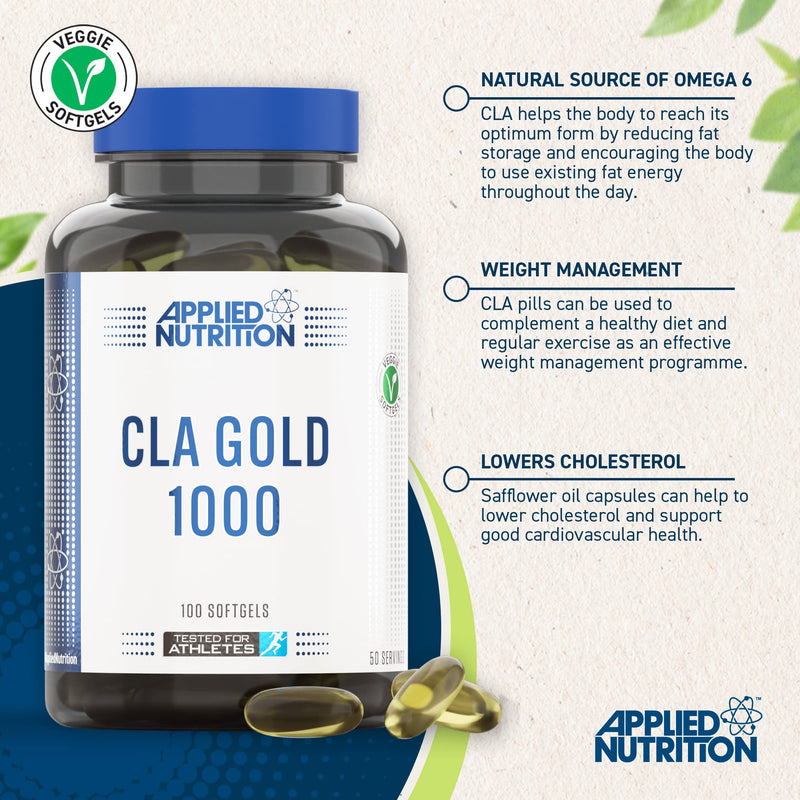 Applied Nutrition CLA Gold 1000-2000mg CLA Conjugated Linoleic Acid Per Serving, Weight Management Supplement, Natural CLA from Safflower Oil, 100 Veggie Softgels - 50 Servings - BeesActive Australia