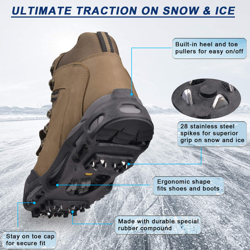 Ice Cleats Snow Traction Boot Cleats for Walking on Snow and Ice Anti Slip Ice Cleats for Shoes 28 Spikes Crampons for Snow Boots Shoes Men Women Medium - BeesActive Australia