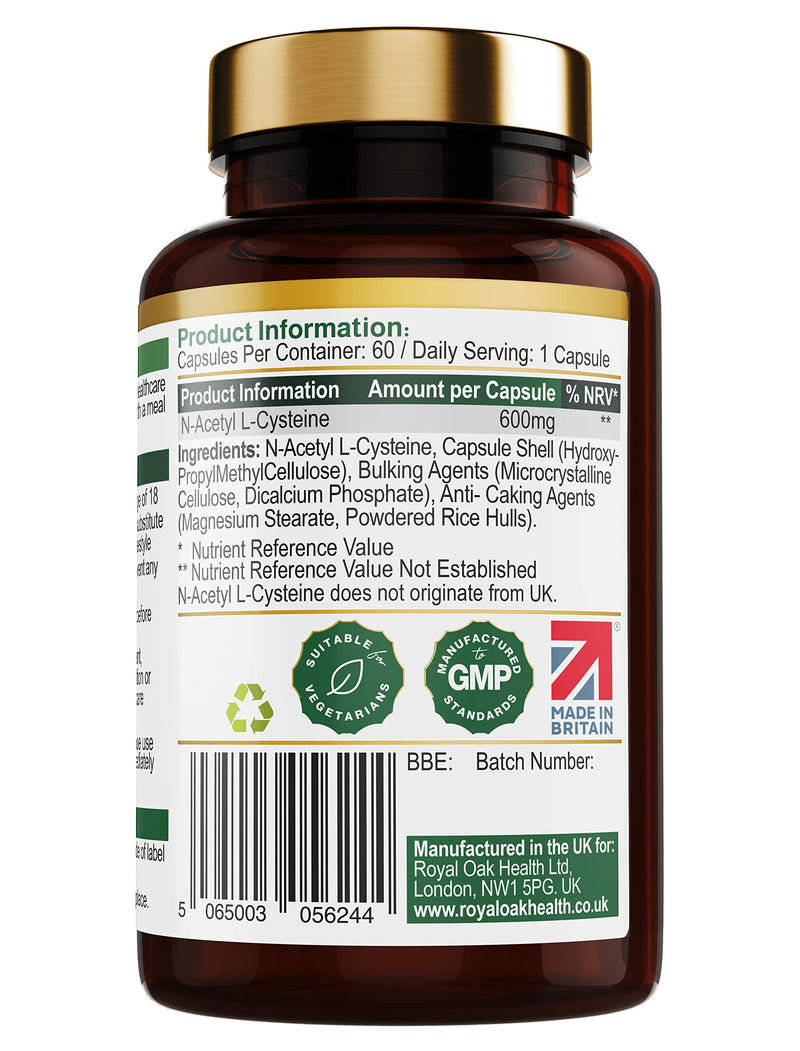 NAC Supplement - nac n-Acetyl-cysteine 600mg with l cysteine - High Bioavailability N Acetyl Cysteine 600mg Made in The UK by Royal Oak Health - 60 Capsules - BeesActive Australia