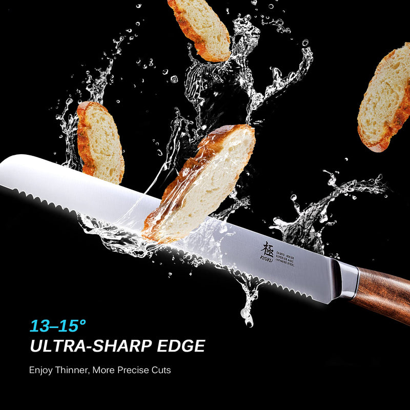 KYOKU 10 Inch Bread Knife - Daimyo Series - Serrated Knife with Ergonomic Rosewood Handle, and Mosaic Pin - Japanese 440C Stainless Steel Bread Cutter with Sheath and Case - BeesActive Australia