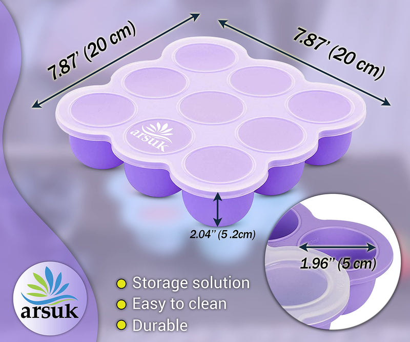 ARSUK Baby Food Storage Containers Silicone Freezer Tray With Lids, Weaning Pots for Baby Food Purees (283 Grams - 9x75ml) Silicone Tray Pack of 1 - BeesActive Australia