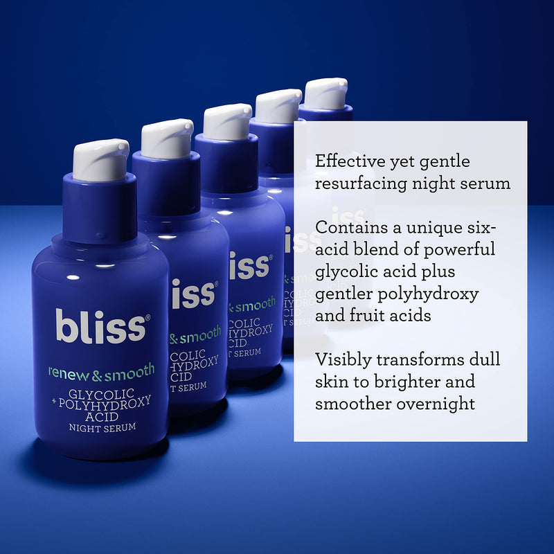 Bliss Renew & Smooth - Glycolic + Polyhydroxy Acid Night Serum - 1 Fl Oz - Gently Exfoliate Skin - Hydrating - Clean - Vegan & Cruelty-Free - BeesActive Australia