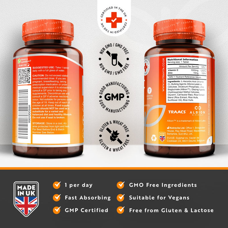 Vitamin C and Zinc Tablets - High Strength Vitamin C 1000mg with Albion� Zinc 15mg for better Absorption - 7 Month Supply - Vit C Zinc Supplements for Normal Immune System - 210 Vegan Tabs - Nutravita - BeesActive Australia