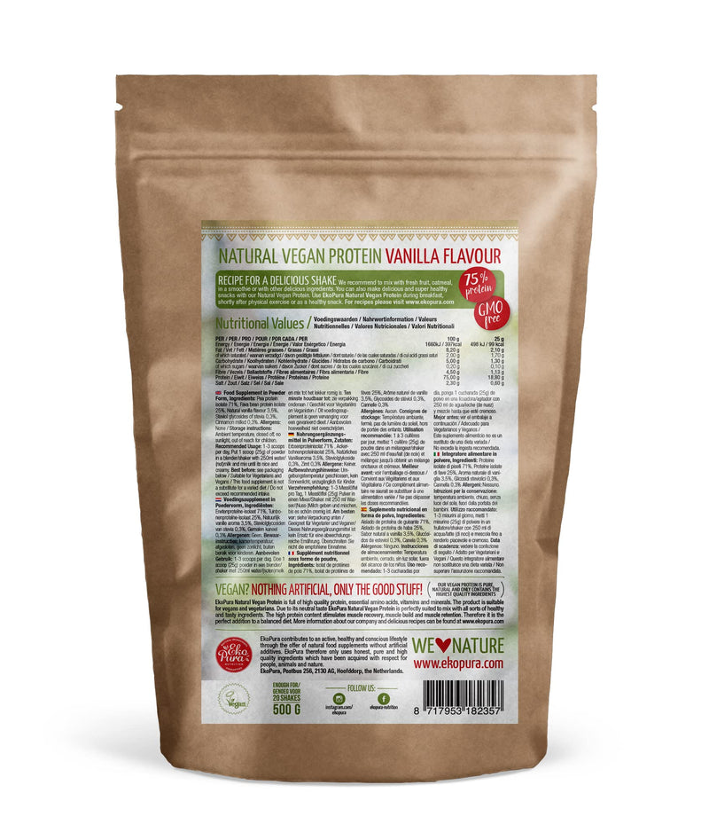 Ekopura Natural Vegan Protein – Vanilla - 500g | 75% Protein | Free from Allergens, Lactose, GMOs, and Soy | Plant-Based Protein | Perfect for Your Smoothies, Cooking, and Baking - BeesActive Australia