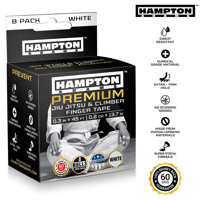 (8 Pack) White Finger Tape - Athletic Tape | 0.3” x 45 Feet - for Rock Climbing, BJJ Jiu Jitsu, Grappling, MMA, Crossfit and Martial Arts by Hampton Adams - BeesActive Australia
