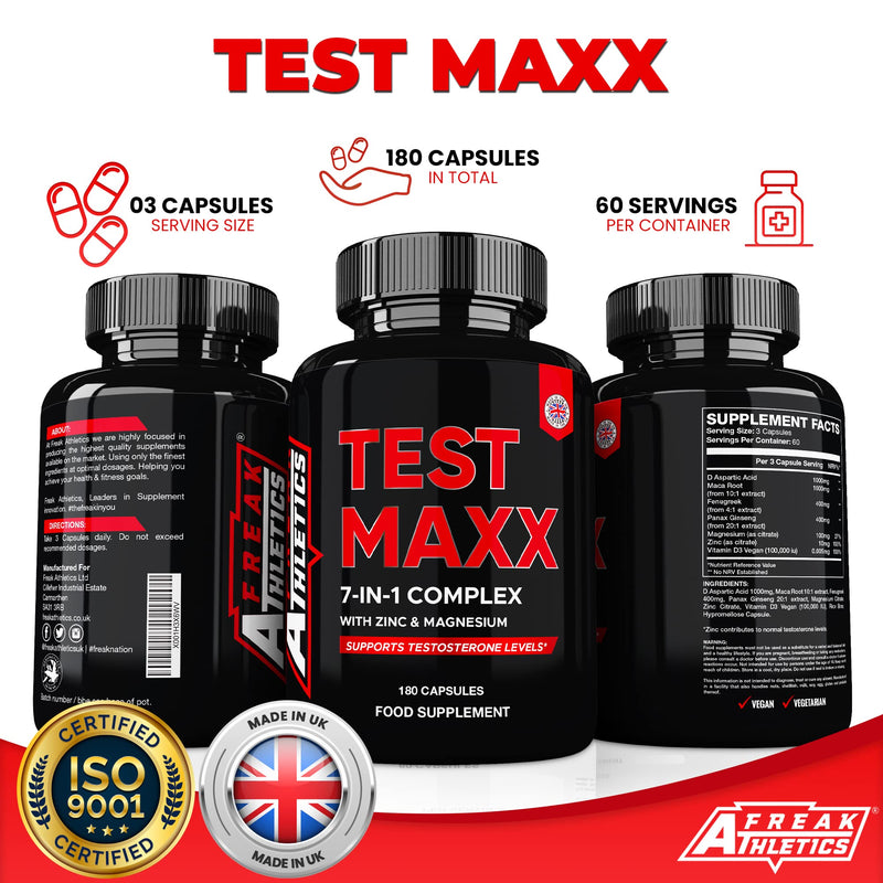 Test Maxx Booster for Men - Supplements for Men 180 Capsules - 7 Powerful Active Ingredients & Vitamins Including Zinc, Maca Root Extract, Fenugreek, Ginseng - Made in The UK - BeesActive Australia