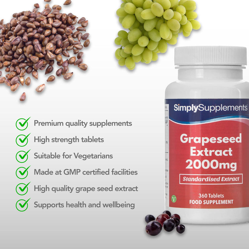Grapeseed Extract 2000mg | 360 High Strength Grapeseed Tablets with Added Vitamin C | Vegan & Vegetarian Friendly | Manufactured in The UK - BeesActive Australia