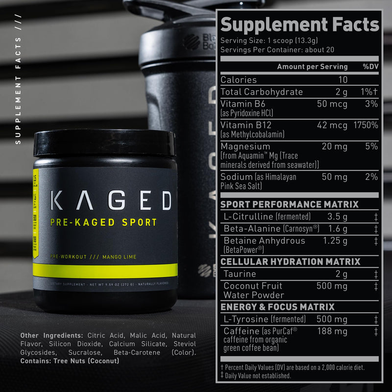 Pre Workout Powder, Kaged Muscle Pre-Kaged Sport For Men And Women, Increase Energy, Focus, Hydration, and Endurance, Organic Caffeine, Plant Based Citrulline, Mango Lime - BeesActive Australia