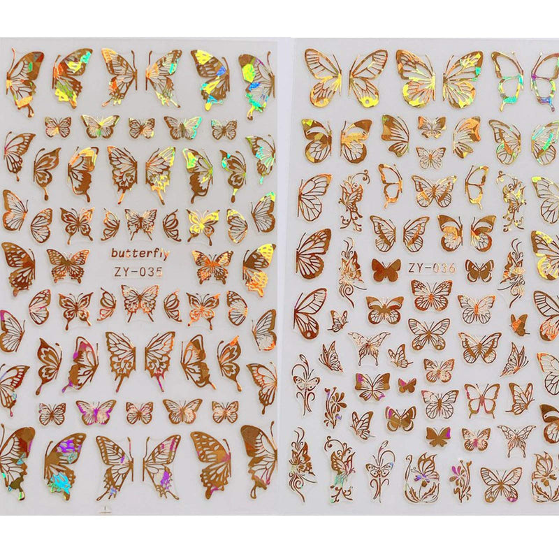 YESORNO 8 Sheets Gold Nail Art Stickers Metallic Butterfly Nail Stickers Manicure Adhesive DIY Nail Decals Laser Silver Nail Sticker A-1 - BeesActive Australia